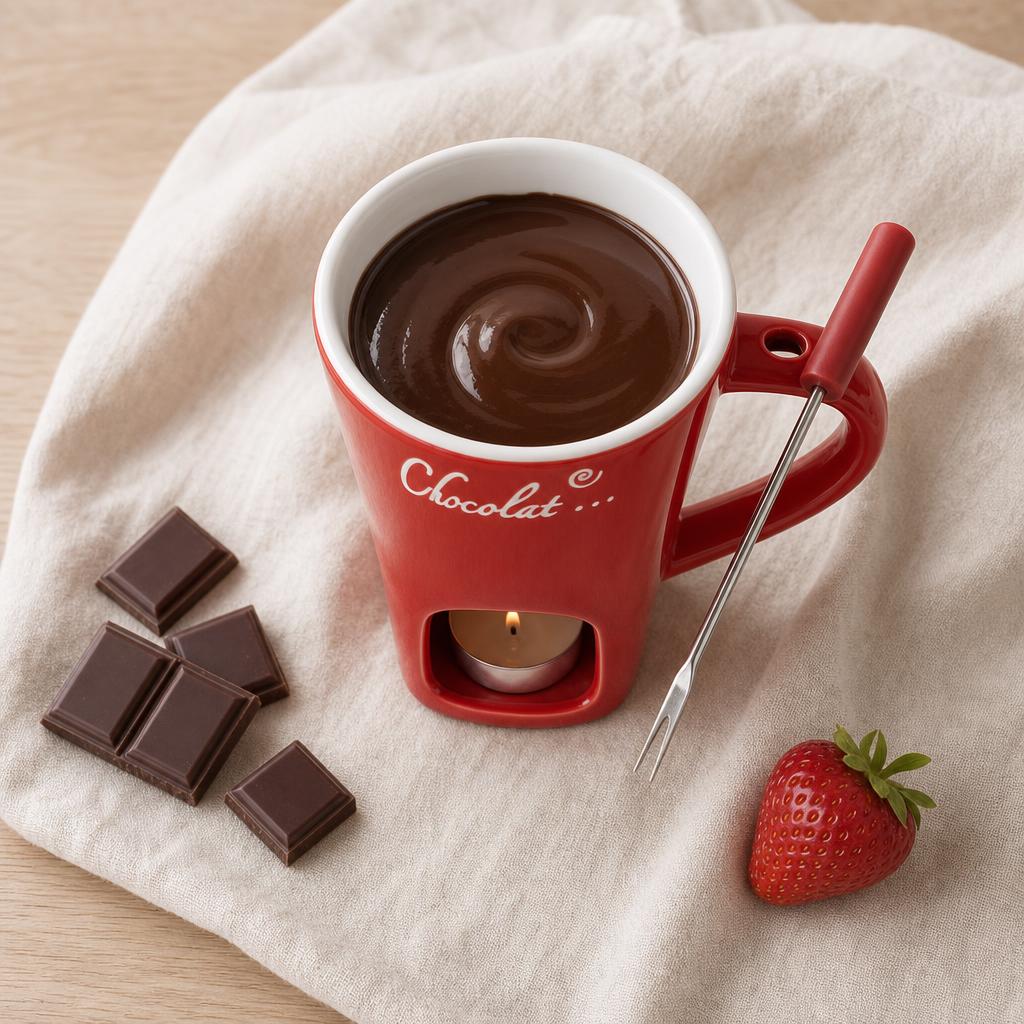Taza roja de fondue con chocolate derretido visto desde arriba