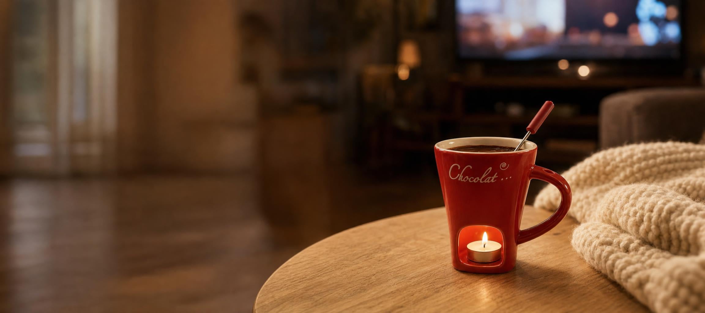 Taza roja de fondue con vela encendida en una noche de película
