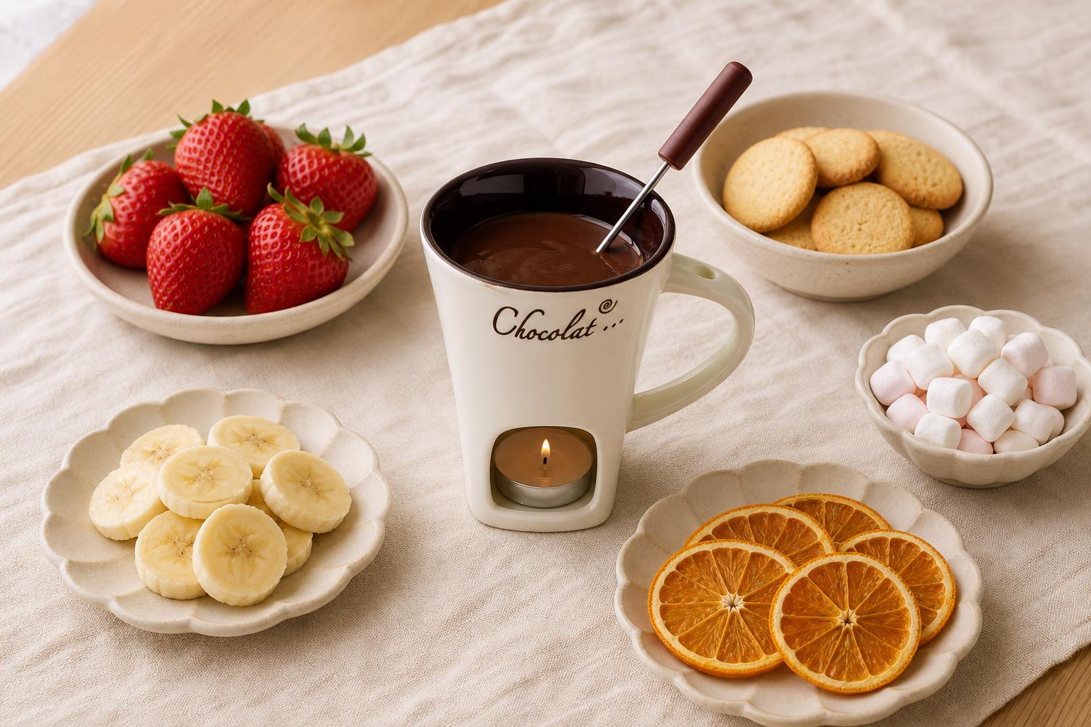 Taza de fondue rodeada de fresas, galletas, malvaviscos, plátano y naranja
