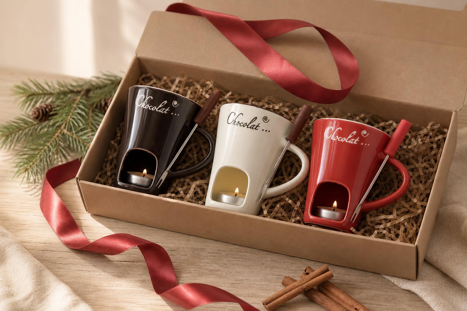 Las tres tazas en una caja de regalo con lazo rojo